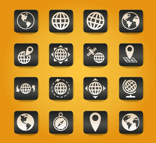 Globes Symboles Sur Boutons Noirs Sur Fond Jaune — Image vectorielle