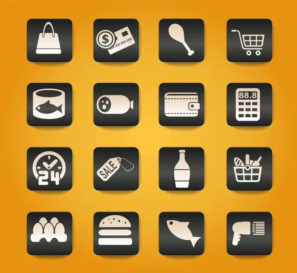 Símbolos Tienda Comestibles Botones Negros Sobre Fondo Amarillo — Vector de stock