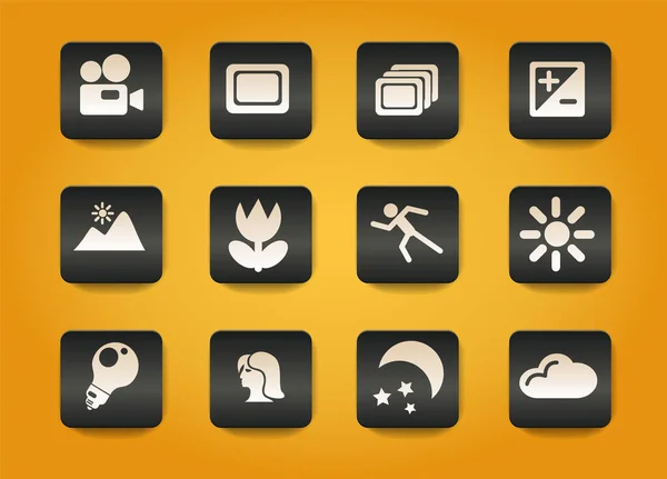 黄色の背景の黒いボタンの写真シンボルのモード — ストックベクタ