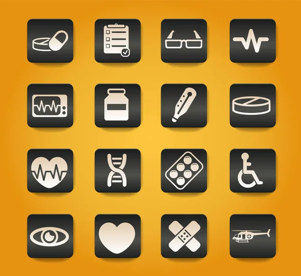 Símbolos Médicos Sobre Botones Negros Sobre Fondo Amarillo Gráficos Vectoriales