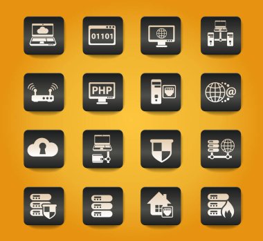 Sarı arkaplanda siyah düğmeler üzerindeki sunucu vektör sembolleri