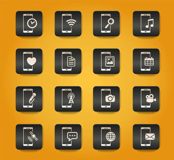 Smartphone Symbolen Zwarte Knoppen Gele Achtergrond — Stockvector