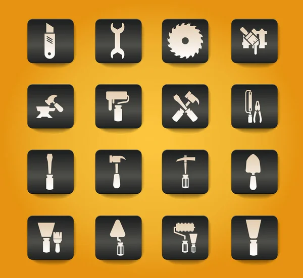 Symbole Für Arbeitswerkzeuge Auf Schwarzen Knöpfen Auf Gelbem Hintergrund — Stockvektor