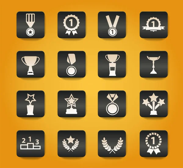 Medaillen Und Pokale Symbole Auf Schwarzen Knöpfen Auf Gelbem Hintergrund lizenzfreie Stockillustrationen