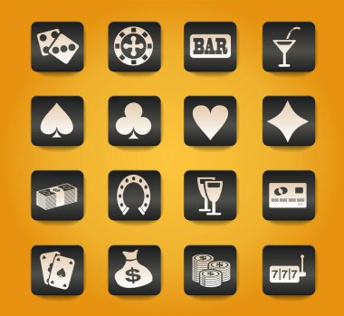 Sarı arkaplanda siyah düğmeler üzerindeki kumarhane sembolleri