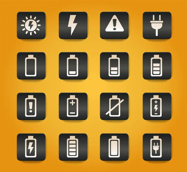 Batterij Symbolen Zwarte Knoppen Gele Achtergrond — Stockvector