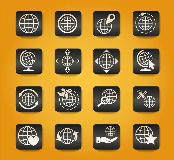 Globes Symboles Sur Boutons Noirs Sur Fond Jaune — Image vectorielle