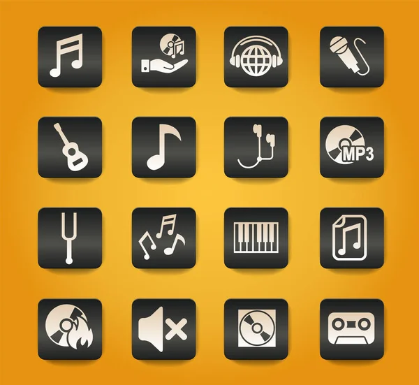 Símbolos Musicales Sobre Botones Negros Sobre Fondo Amarillo — Archivo Imágenes Vectoriales