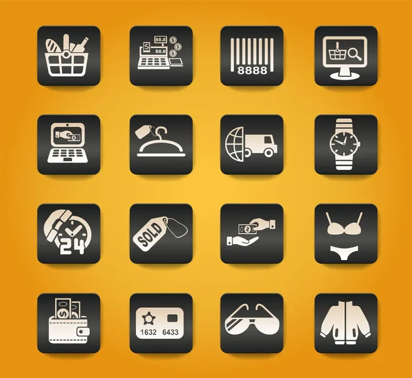 黄色の背景の黒いボタンのショッピングと電子商取引のシンボル — ストックベクタ