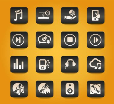 Sarı arkaplandaki siyah düğmelerdeki dijital müzik sembolleri