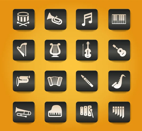 Instrumentos Clásicos Símbolos Sobre Botones Negros Sobre Fondo Amarillo — Vector de stock