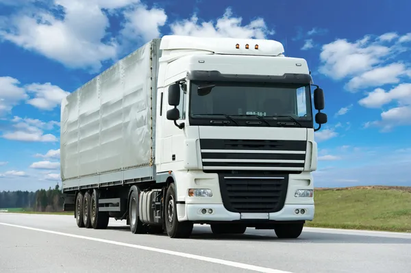 Camion bianco con rimorchio grigio sopra il cielo blu — Foto Stock