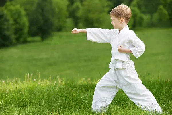 Mały chłopiec zrobić ćwiczenia karate — Zdjęcie stockowe