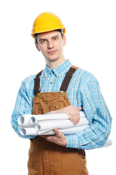 Trabalhador em hardhat e geral com rascunhos — Fotografia de Stock