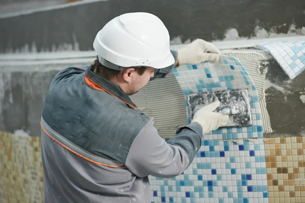 Tilers at industrial floor tiling renovation — Stock Photo, Image