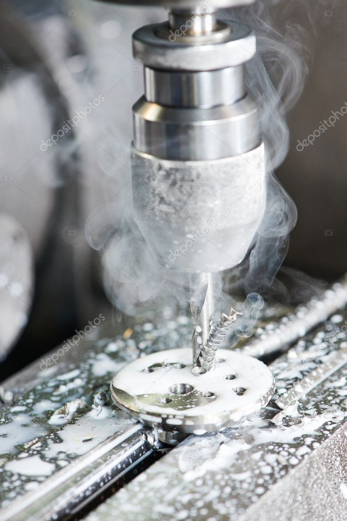 Close-up process of metal drill machining