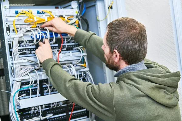 ネットワークエンジニア管理者はサーバー機器と連携し — ストック写真