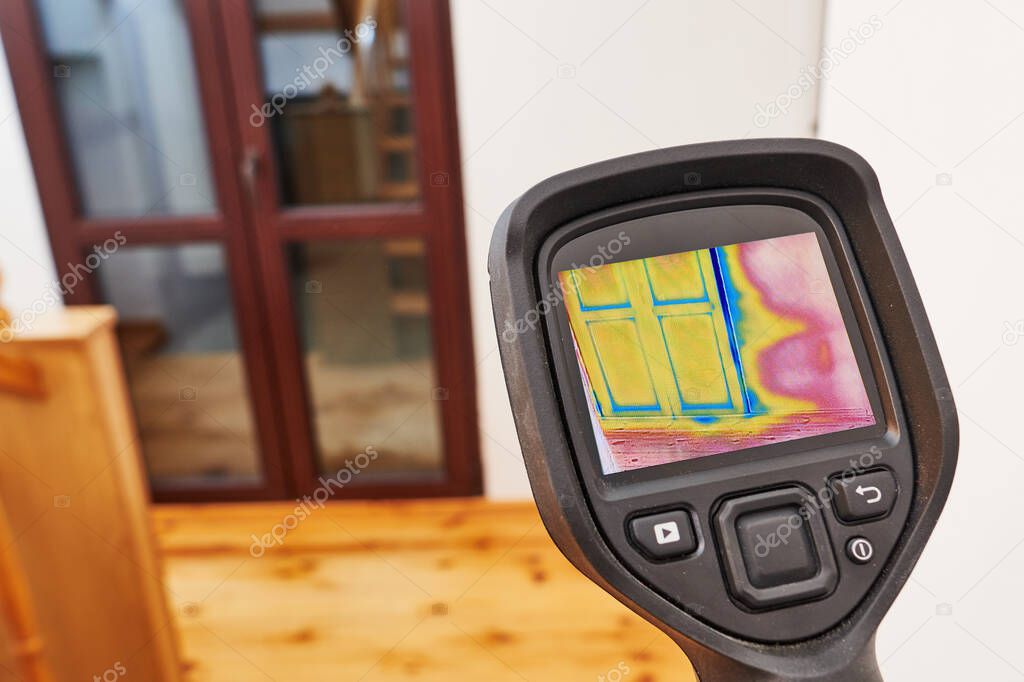 thermal imaging camera inspection balcony window for temperature check and finding heat loss