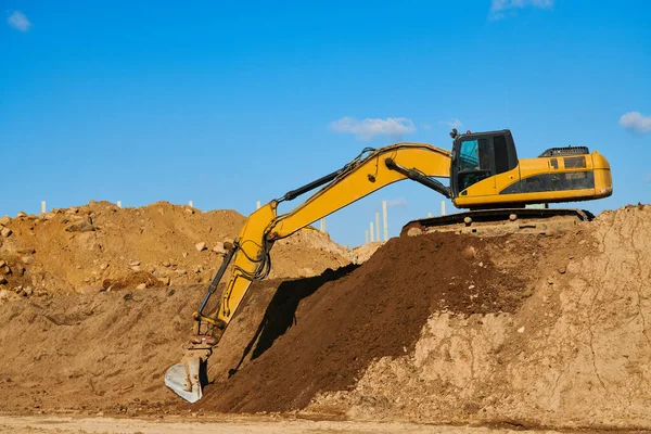 Excavator Machine Loader Doing Earthmoving Works Building Construction Site — Stock Photo, Image