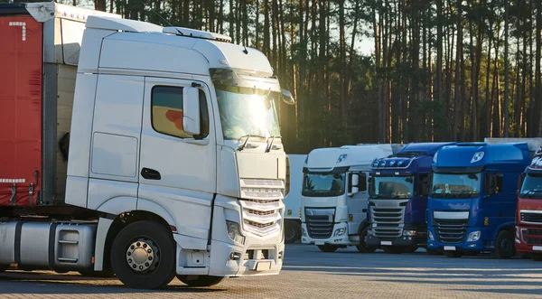 Estacionamento Caminhoneiros Com Caminhões Pesados Frente Transporte Mercadorias Conceito Entrega Fotos De Bancos De Imagens Sem Royalties