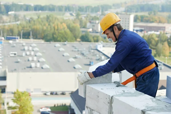 Construction Mason Worker Bricklayer Installing Red Brick Trowel Putty Knife — Stock Photo, Image