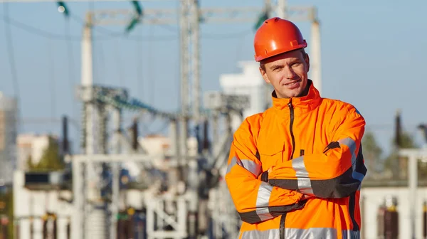 Engineering Supervision Service Smiling Electrician Worker High Visibility Reflecting Clothing — Stock Photo, Image