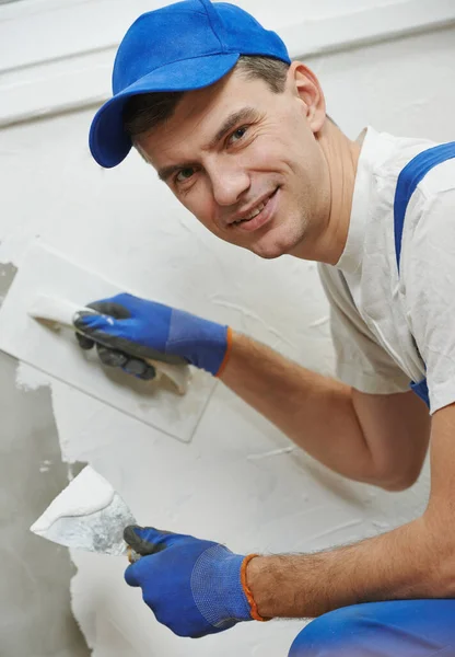 Preparazione Intonaco Pittura Murale Artigiano Operaio Appaltatore Professionista Che Applica — Foto Stock