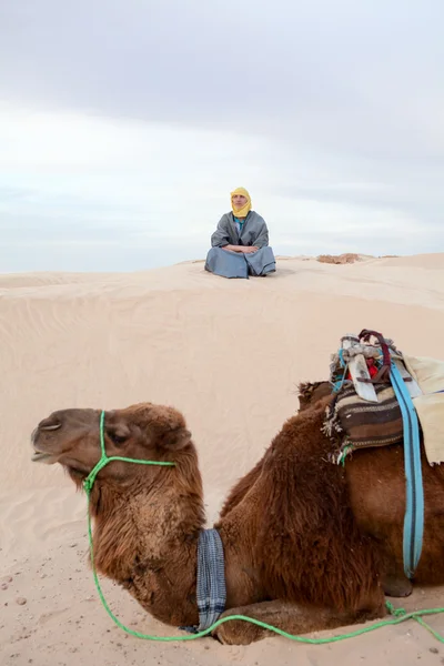 Kaukaski kobieta siedzi na wydmy pustyni z wielbłąda na pierwszym planie — Zdjęcie stockowe