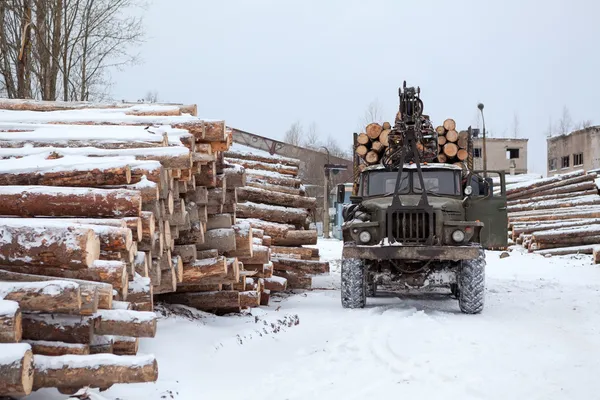 Log loader track with timber in lumber mill in winter season — Stock Photo, Image