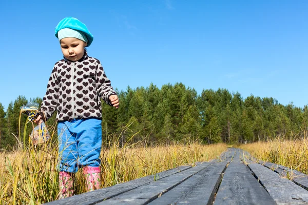 Caucasian small child walking on wooden plaks in swamp — Stock Photo, Image