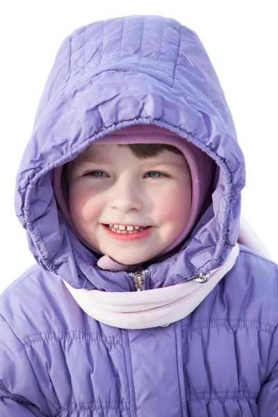 Menina branca pequena em roupas de inverno isolado no backgro branco — Fotografia de Stock