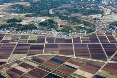 pirinç çayır ve alanları küçük Japon köyü yakınlarında. uçak hava manzara. Japonya