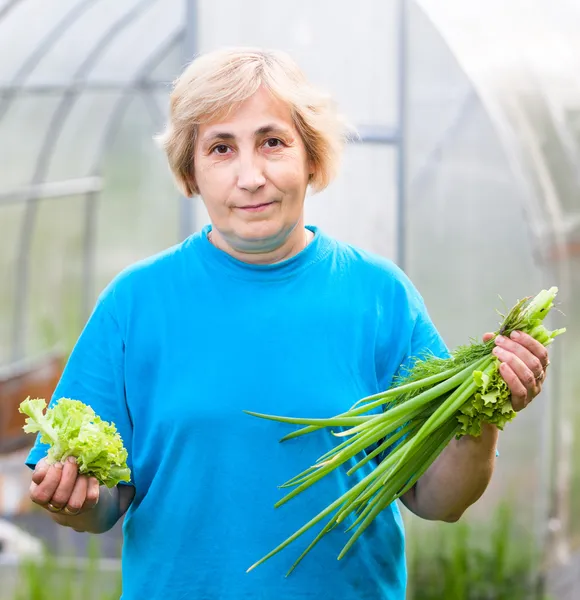 Feliz mujer madura con cebolla y lechuga delante del invernadero —  Fotos de Stock