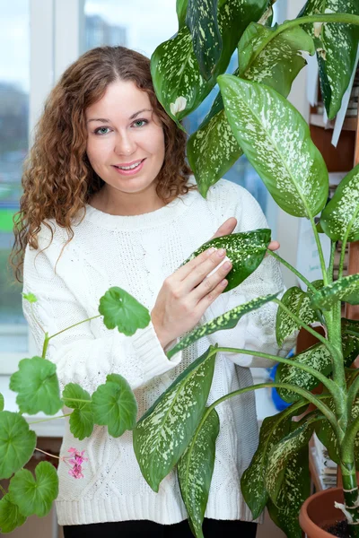 Женщина ухаживает за растениями — стоковое фото
