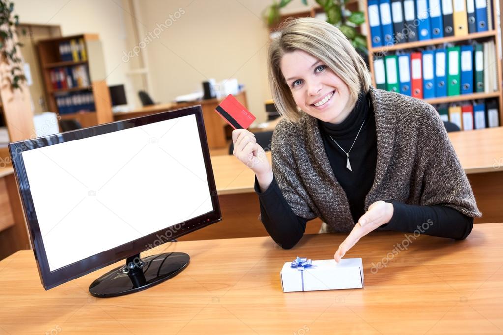 Woman with gift purchased over the Internet