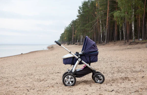 Modern Bebek Arabası Boş Kumsalda Duruyor Yan Görüş Hiç Kimse — Stok fotoğraf