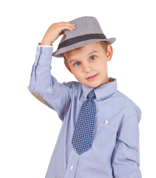 Greeting cool pretty stylish little boy isolated on white background. Clipping paths included. — Stock Photo, Image