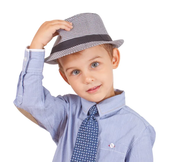 Greeting cool pretty stylish little boy isolated on white background. Clipping paths included. — Stock Photo, Image