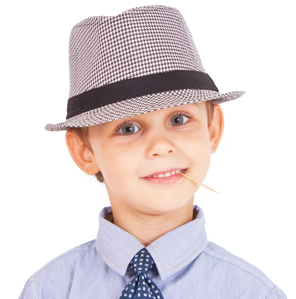 Retrato de niño guay bastante elegante con palillo de dientes. Aislado sobre fondo blanco. Recorte caminos incluidos . — Foto de Stock