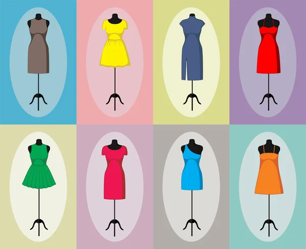 Diferentes vestidos vintage en un maniquí. Vector — Vector de stock