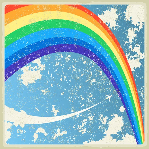 Vintage background with plane and rainbow. Vector — Stock Vector