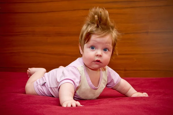 Grappige schattige babymeisje met vrolijke coiffure — Stockfoto