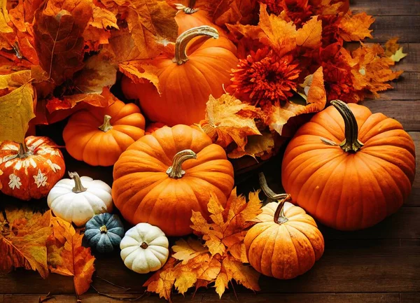 Happy Thanksgiving Day Orange Pumpkins Fruits Spices Copy Space Wooden — Stock Photo, Image