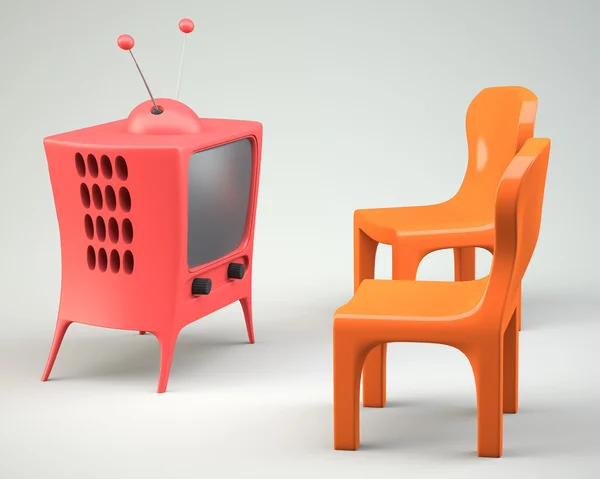 Cartoon-styled tv with two chair — Stock Photo, Image