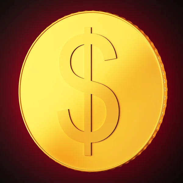 Golden coin with dollar sign on dark red background — Stock Photo, Image