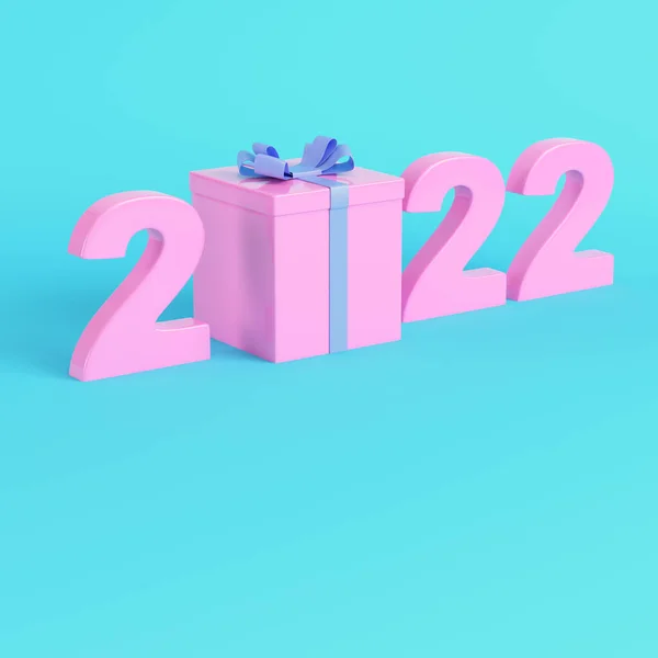 Rózsaszín 2022 Számok Ajándék Doboz Fényes Kék Háttér Pasztell Színekben — Stock Fotó