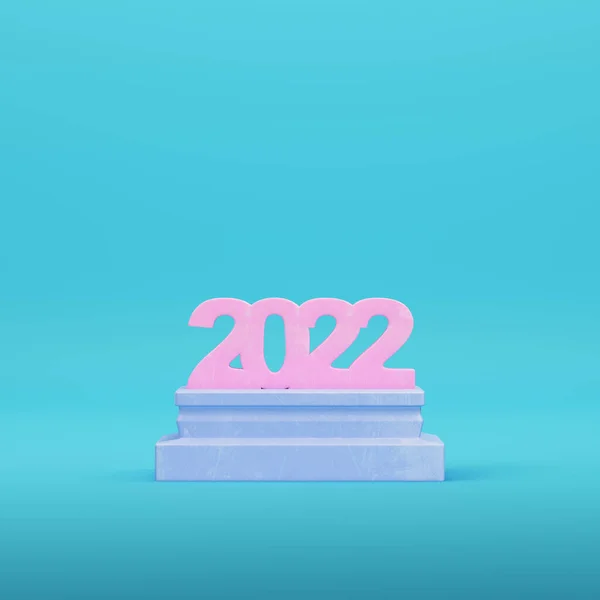 Pink 2022 Digits Pedestal Bright Blue Background Pastel Colors Minimalism — Stock Photo, Image
