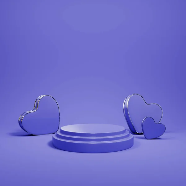 バレンタインデーのベルベットの背景に心を持つ表彰台 最小限の概念 3Dレンダリング — ストック写真