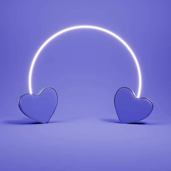 Two Hearts Neon Glowing Frame Violet Background Minimalism Concept Render — Zdjęcie stockowe