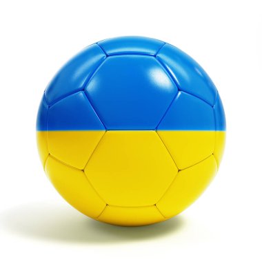 Ukrayna bayrağı renklerindeki futbol topu beyaz arka planda izole edildi. 3d hazırlayıcı